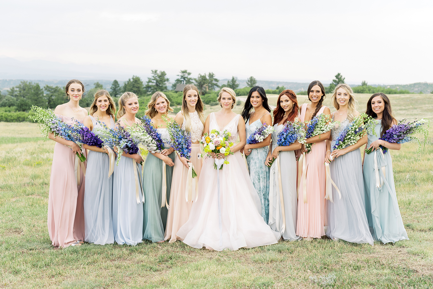 Colorado Wedding Photographers, Bride with Bridesmaids, Colorful Bridesmaids dresses, Denver Weddings, Brides Feature